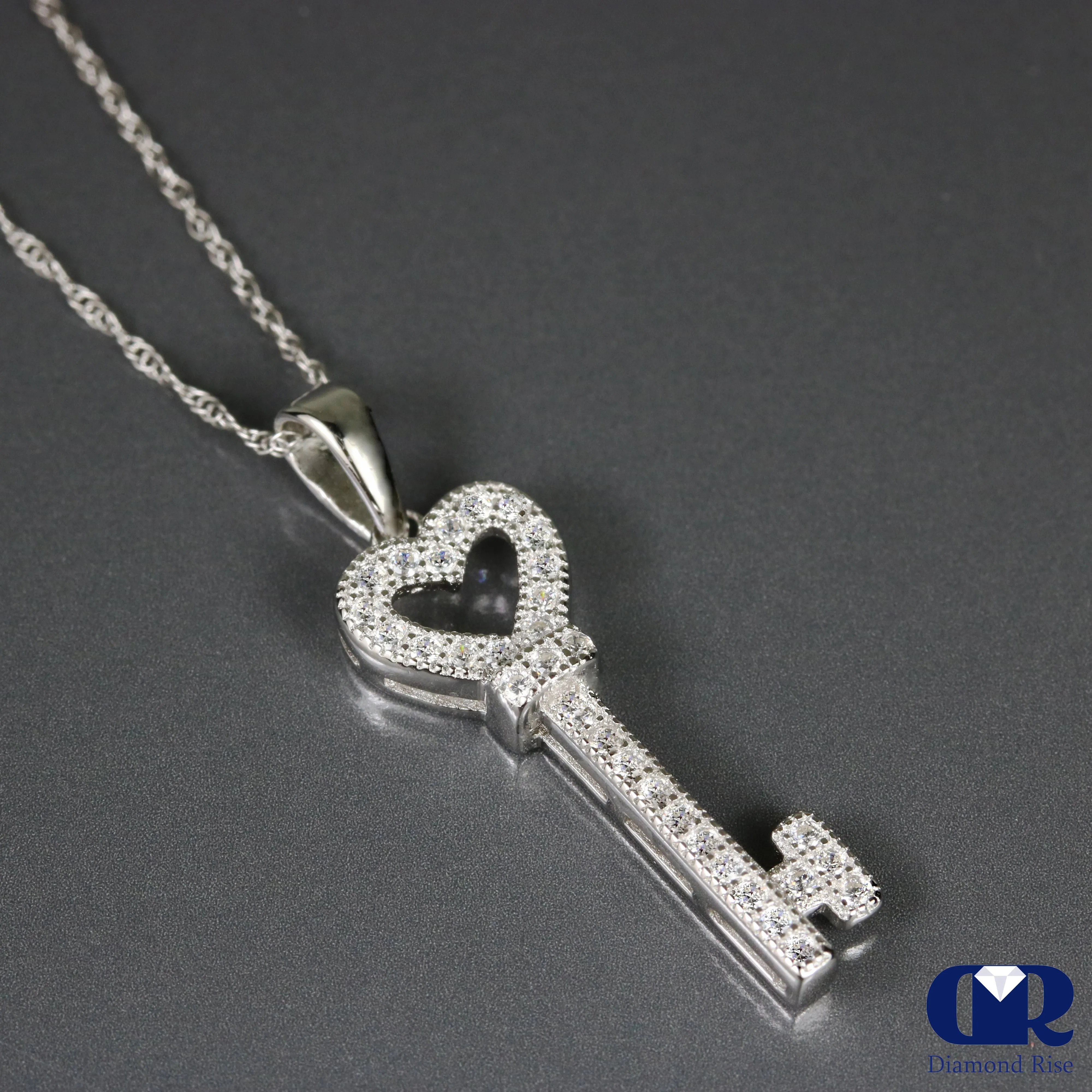 0.16 Ct Heart Shape Key Pendant Necklace 14K Gold With 16" Chain