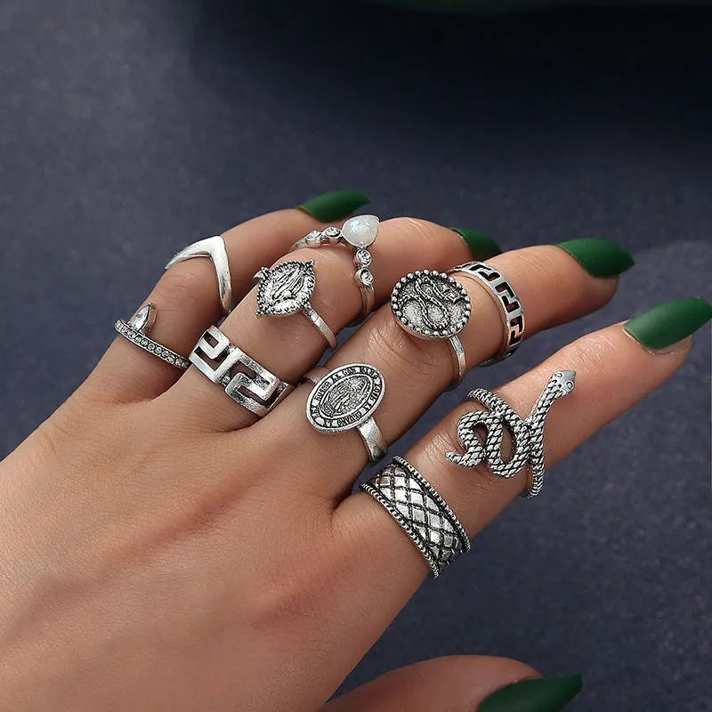 10-Piece Snake-Shaped Rings with Diamonds and Exaggerated Carved Buddha for Fashionable and Stylish Women