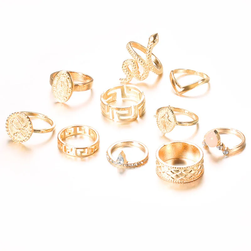 10-Piece Snake-Shaped Rings with Diamonds and Exaggerated Carved Buddha for Fashionable and Stylish Women