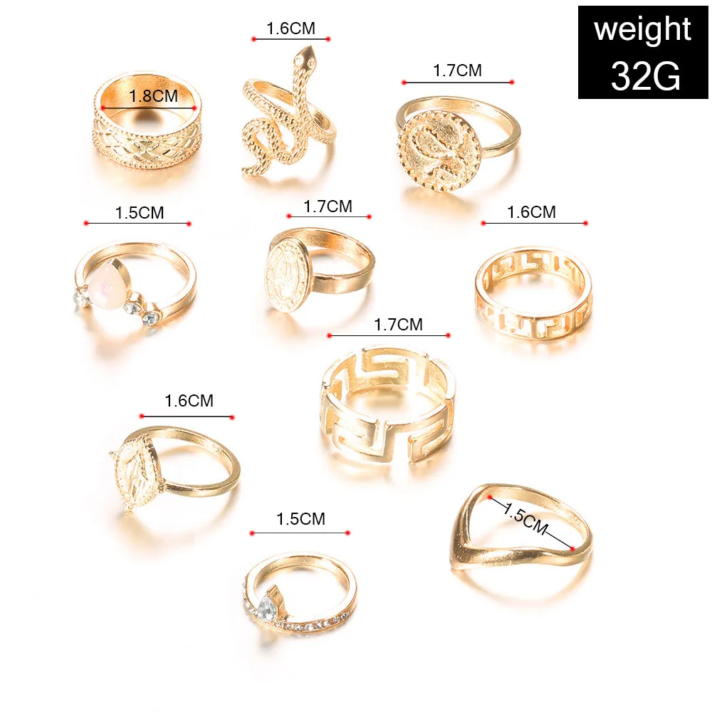 10-Piece Snake-Shaped Rings with Diamonds and Exaggerated Carved Buddha for Fashionable and Stylish Women