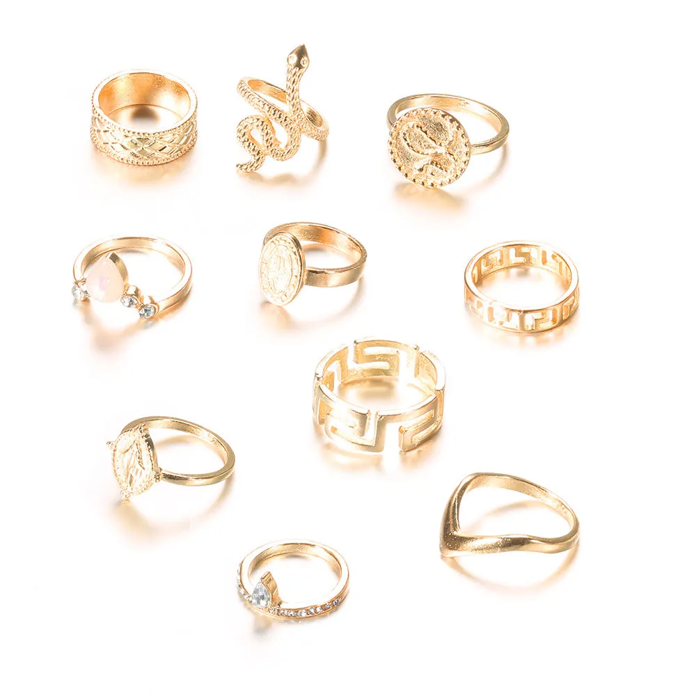 10-Piece Snake-Shaped Rings with Diamonds and Exaggerated Carved Buddha for Fashionable and Stylish Women