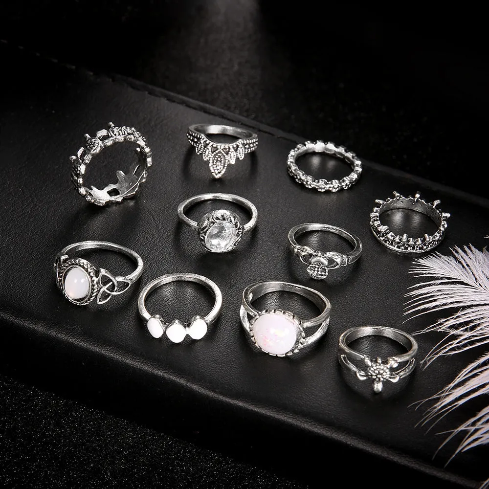 10-Piece Women's Retro Rings with Joints, Alloy Material and Classic Carving