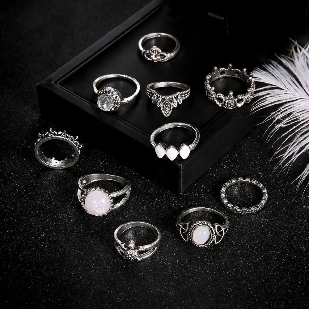 10-Piece Women's Retro Rings with Joints, Alloy Material and Classic Carving