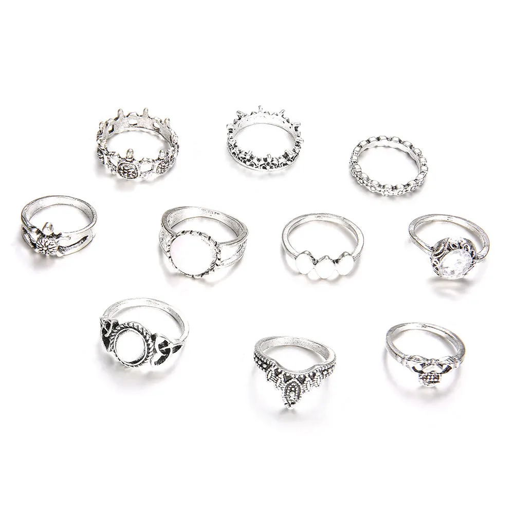 10-Piece Women's Retro Rings with Joints, Alloy Material and Classic Carving