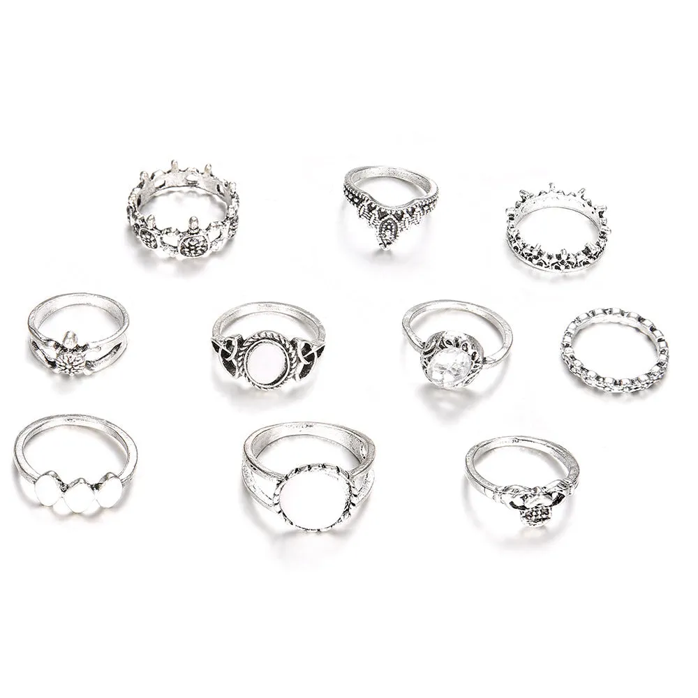 10-Piece Women's Retro Rings with Joints, Alloy Material and Classic Carving