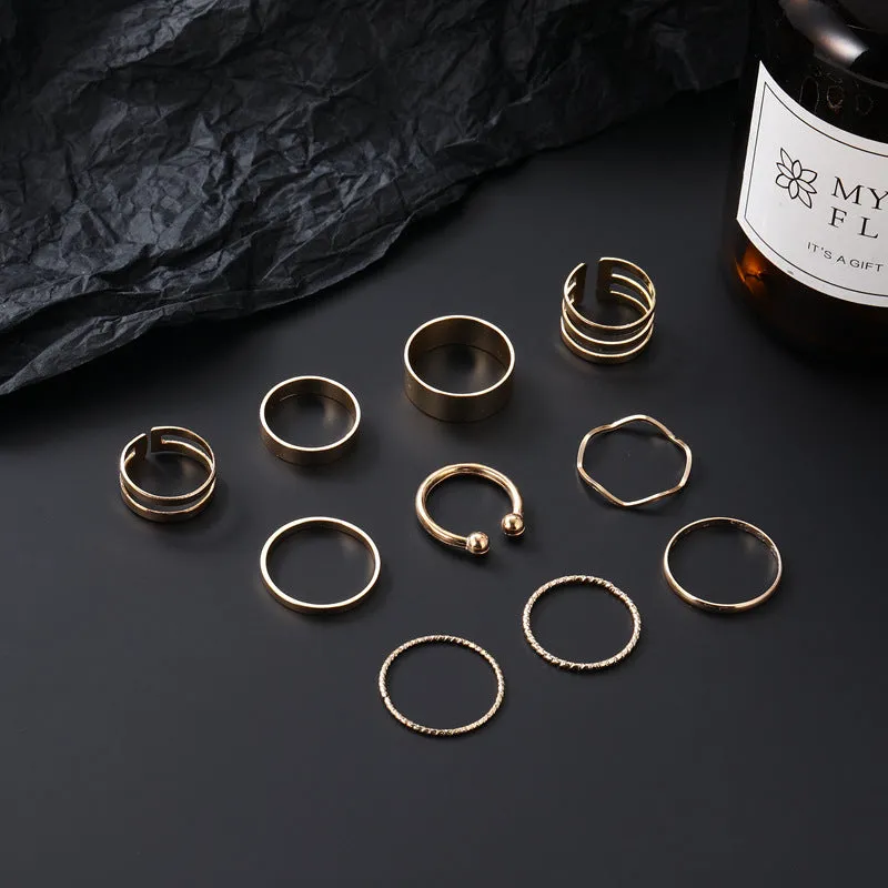 10 Pieces Wave Open Rings Set for Women in European and American Style with Gold Alloy Material