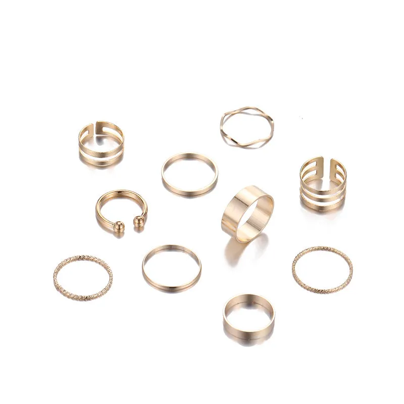 10 Pieces Wave Open Rings Set for Women in European and American Style with Gold Alloy Material