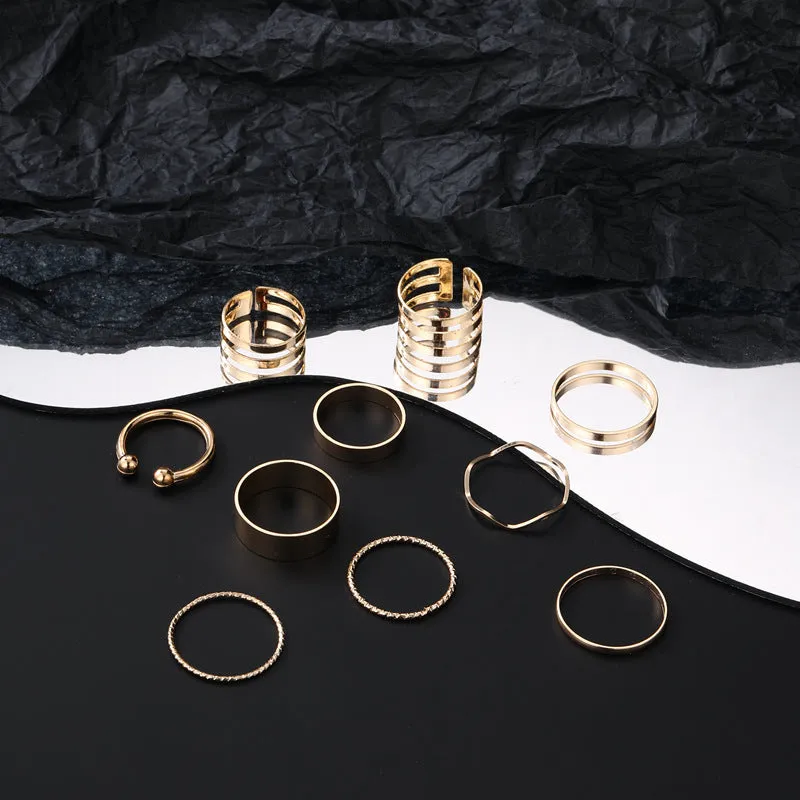 10 Pieces Wave Open Rings Set for Women in European and American Style with Gold Alloy Material