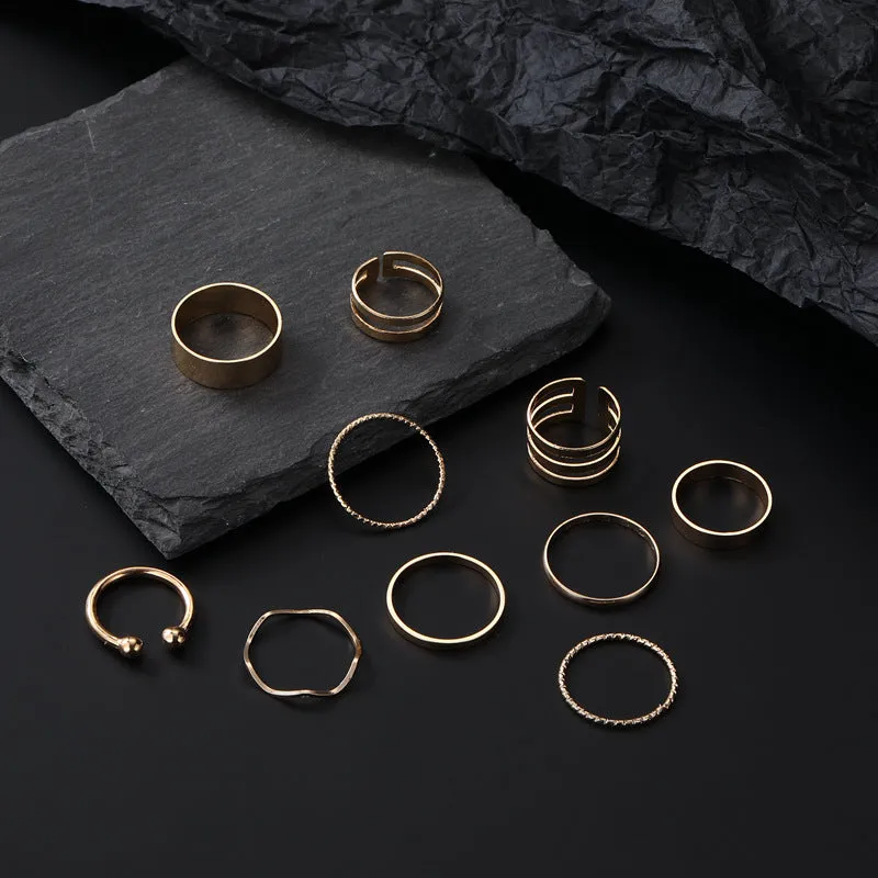 10 Pieces Wave Open Rings Set for Women in European and American Style with Gold Alloy Material