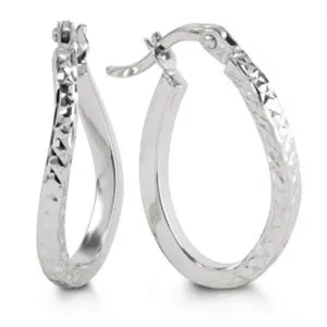 10K White Gold Diamond Cut Square Tube Twist Hoop Earrings