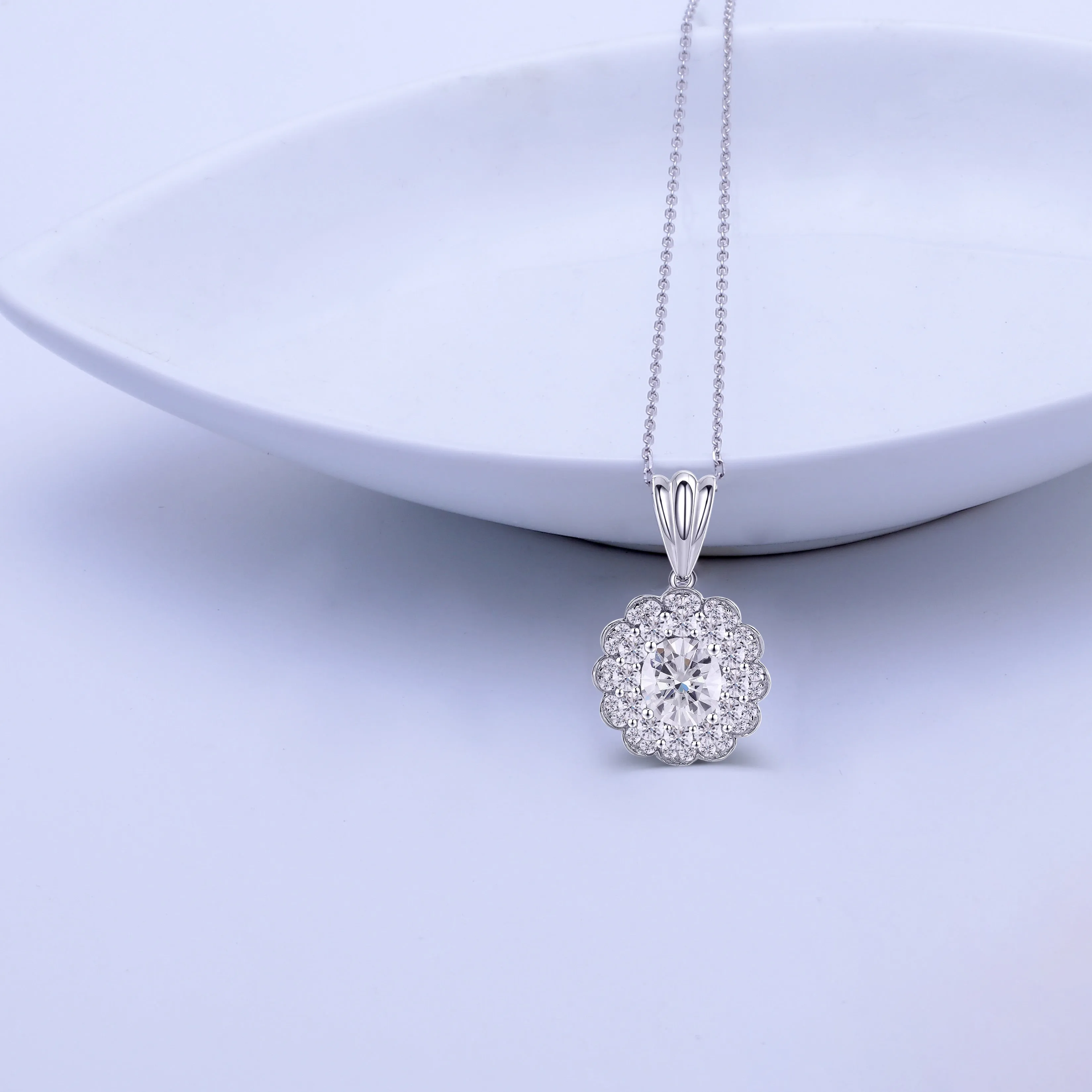 10k White Gold Halo Moissanite Necklace / Pendant 2ctw