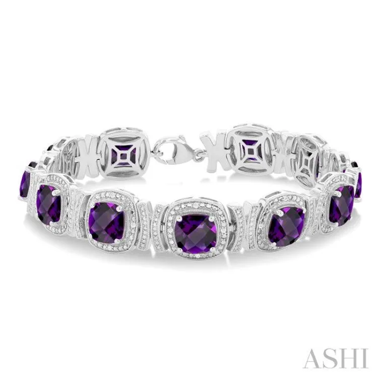 1/10 ctw Cushion Shape 7X7 MM Amethyst and Round Cut Diamond Semi Precious Bracelet in Sterling Silver