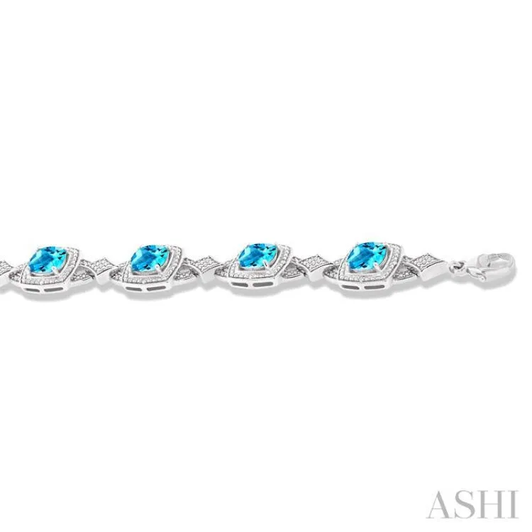 1/10 ctw Cushion Shape 7X7 MM Blue Topaz and Round Cut Diamond Semi Precious Bracelet in Sterling Silver