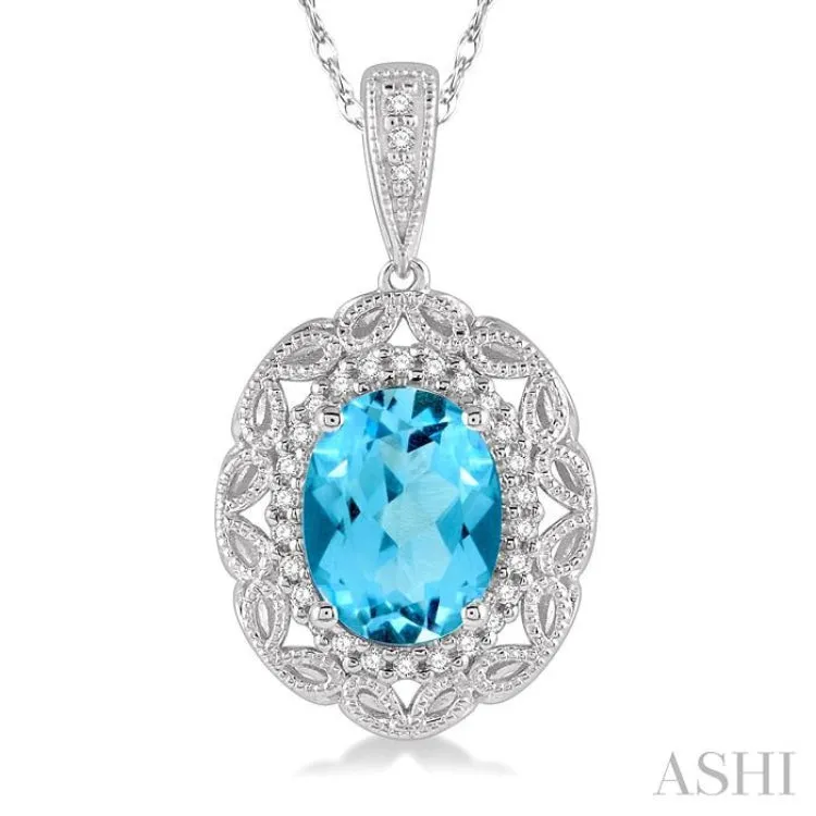 1/10 Ctw Oval Cut 8x6 MM Blue Topaz & Round Cut Diamond Semi Precious Pendant With Chain in 10K White Gold