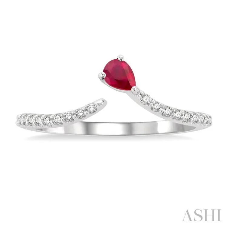 1/10 ctw Petite 4X3MM Pear Cut Ruby and Round Cut Diamond Precious Fashion Ring in 10K White Gold