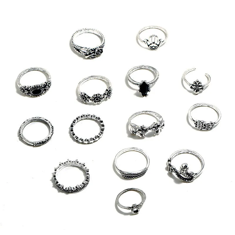 14K Alloy Rings Set with Elephant, Flower, Tree, Star and Palm Pattern