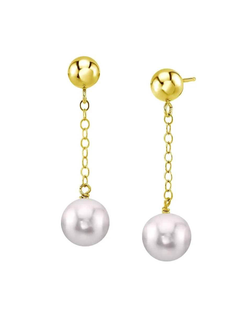 14K Gold Akoya Round Ball Double Chain Earrings