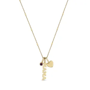 14k MAMA Charm Necklace with Heart & Personalized Birthstone