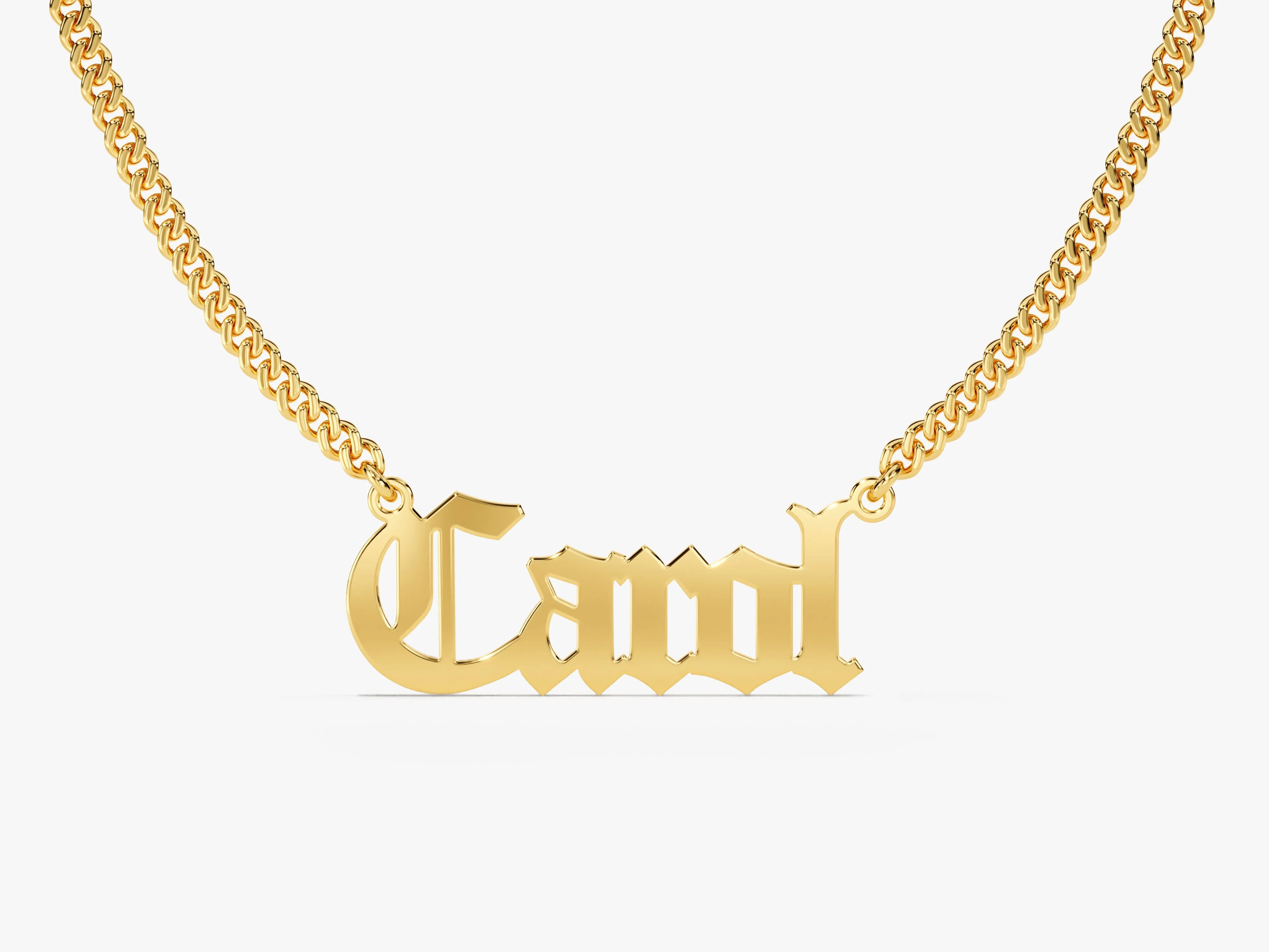 14k Solid Gold Cuban Chain Old English Font Name Necklace