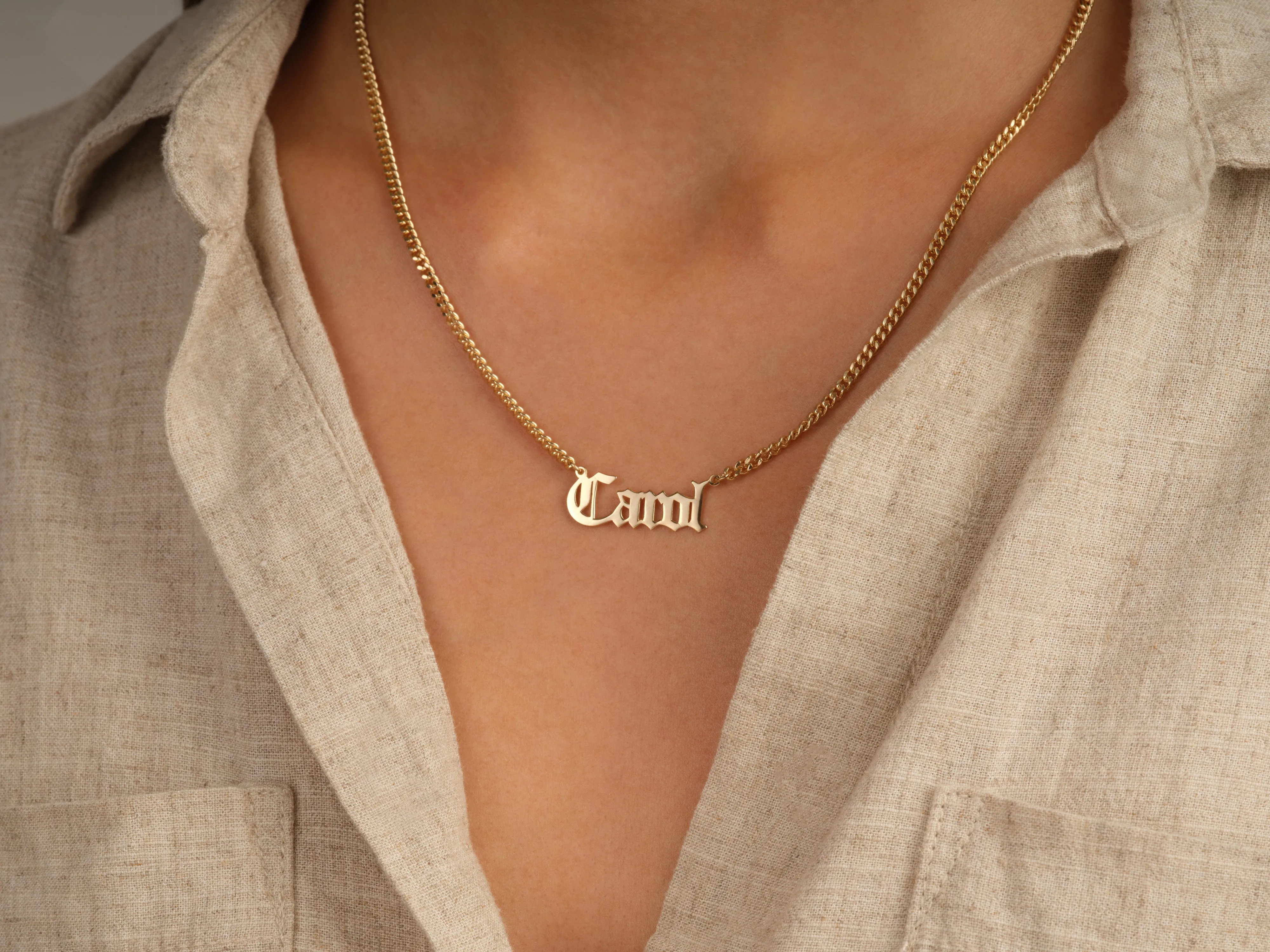 14k Solid Gold Cuban Chain Old English Font Name Necklace