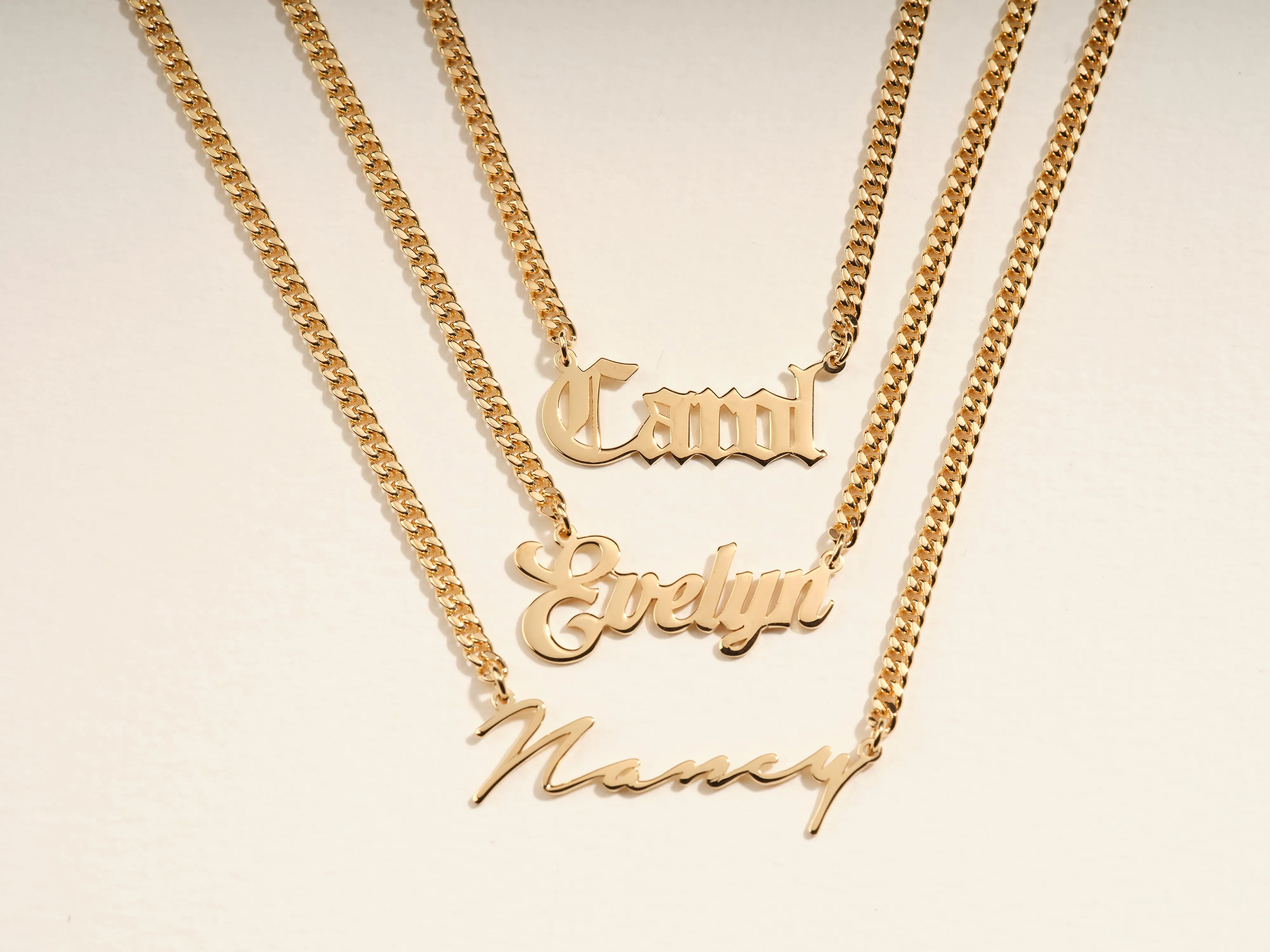 14k Solid Gold Cuban Chain Old English Font Name Necklace