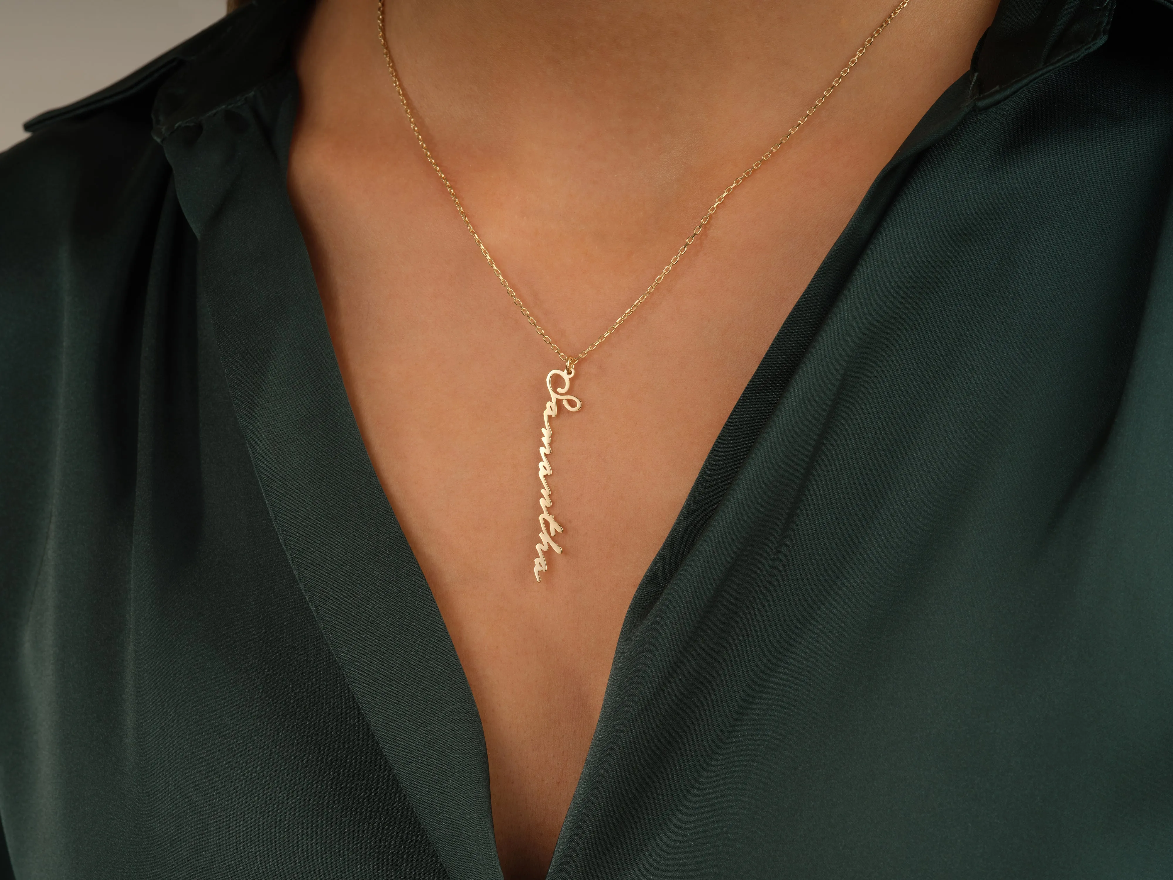 14k Solid Gold Cursive Font Vertical Name Necklace