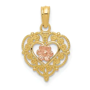 14K Two Tone Gold Rose Heart Pendant