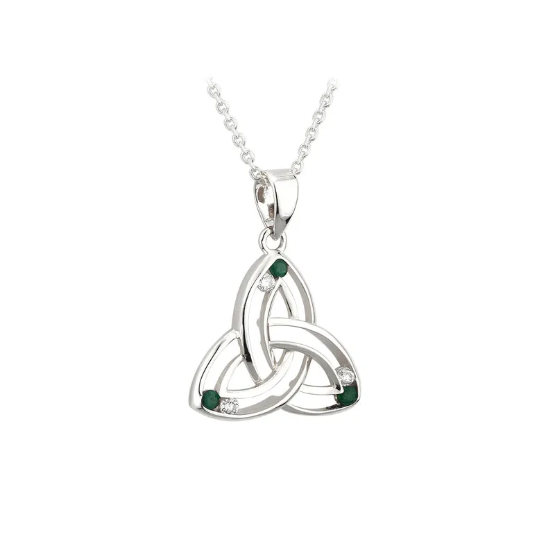 14K White Gold Diamond & Emerald Trinity Knot Pendant