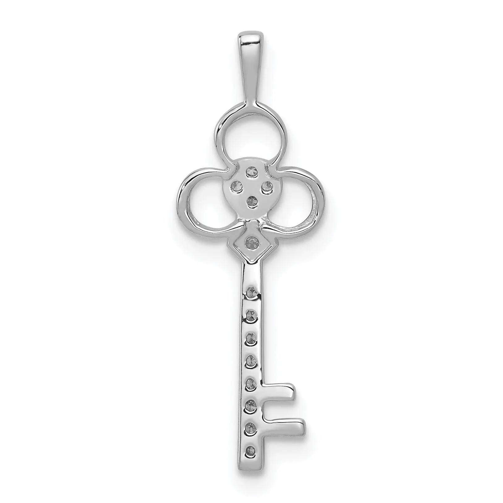 14k White Gold Rhodium 0.071-CT Diamond Club Fancy Key Design Pendant