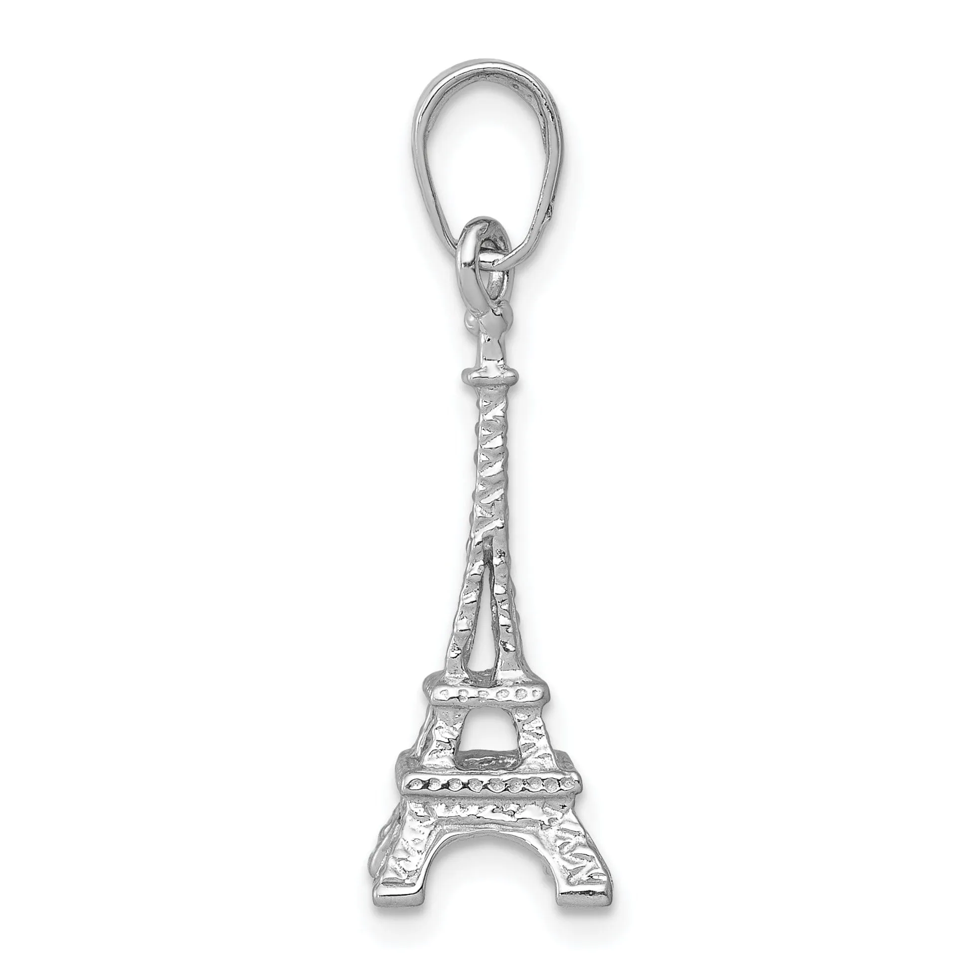 14k White Gold Texture Polished Finished Solid 3-Dimensional Eiffel Tower Charm Pendant