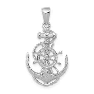 14K White Gold Textured Polished Men's Ship Wheel Rope Design Charm