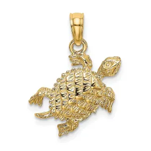 14k Yellow Gold Casted Solid Polished and Textured Finish Sea Turtle with Tail Charm Pendant