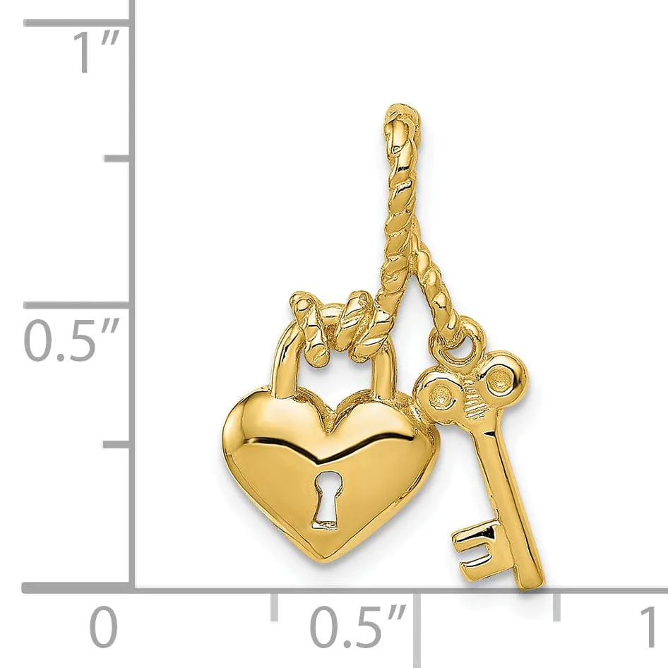 14K Yellow Gold Heart Lock Design with Key Rope Tied to Lock Charm Pendant