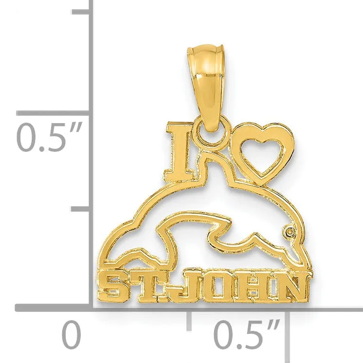 14K Yellow Gold Polished Finish I HEART ST. JOHN with Dolphin Charm Pendant