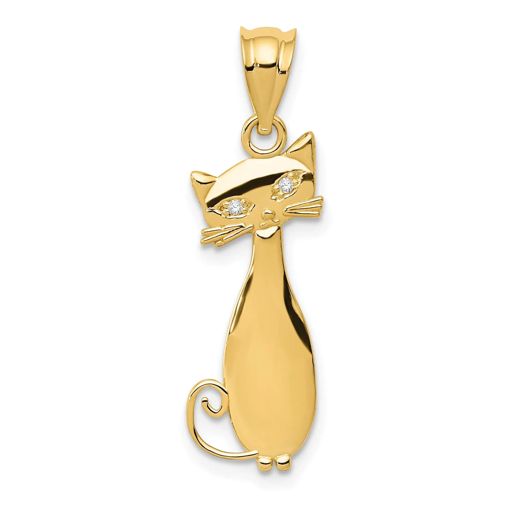 14k Yellow Gold Soild Polished Finish Cat Sitting with Diamond Eyes Charm Pendant