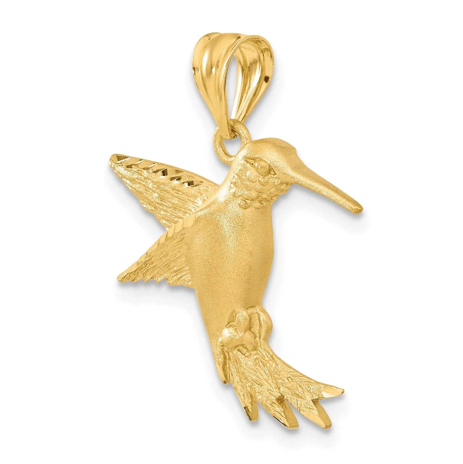 14k Yellow Gold Solid Brushed Finish Flying Hummingbird Design Charm Pendant