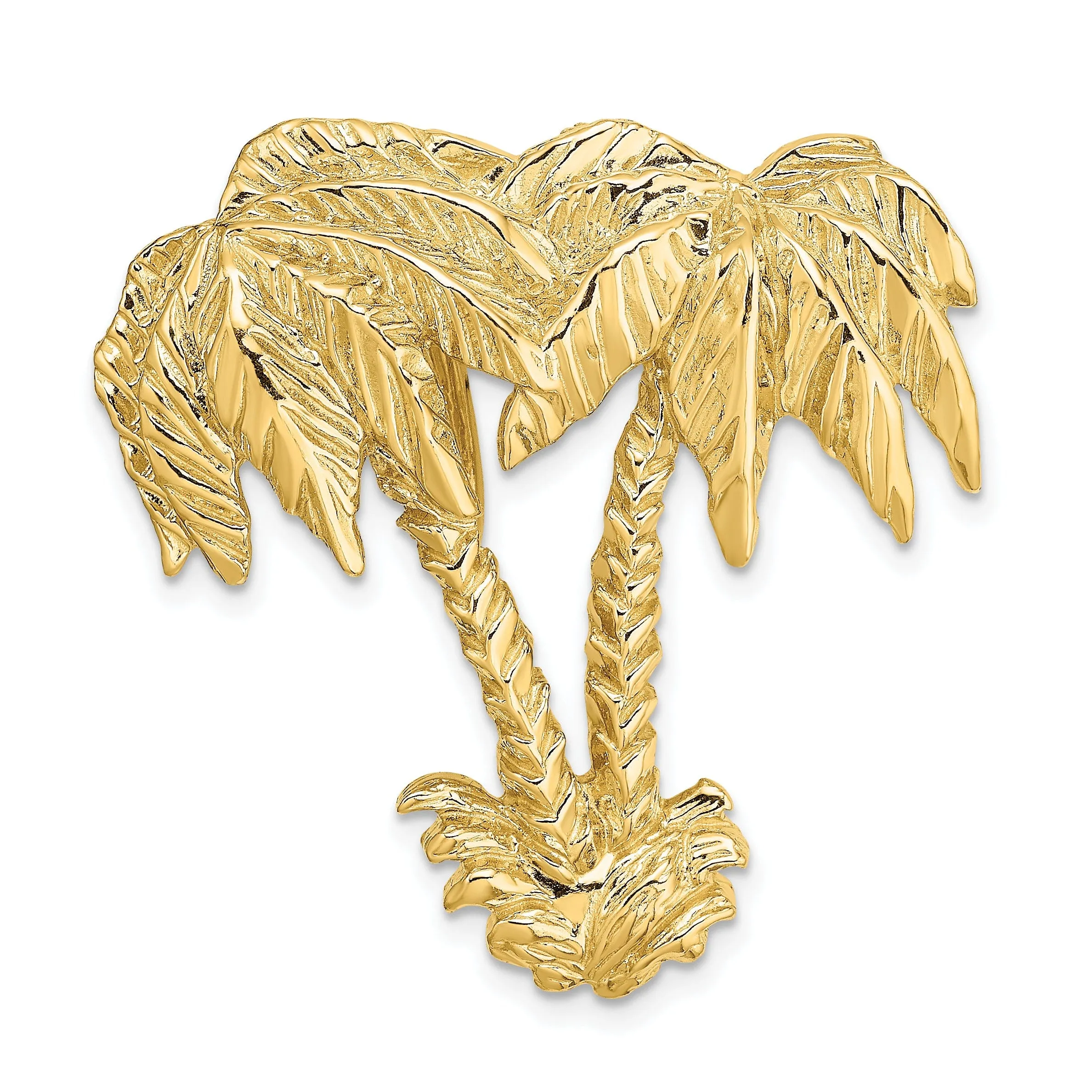 14k Yellow Gold Solid Textured Polished Finish Open Back Double Palm Trees Slide Pendant