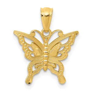 14k Yellow Gold Textured Open Back Solid Polished Finish Diamond-cut Butterfly Charm Pendant