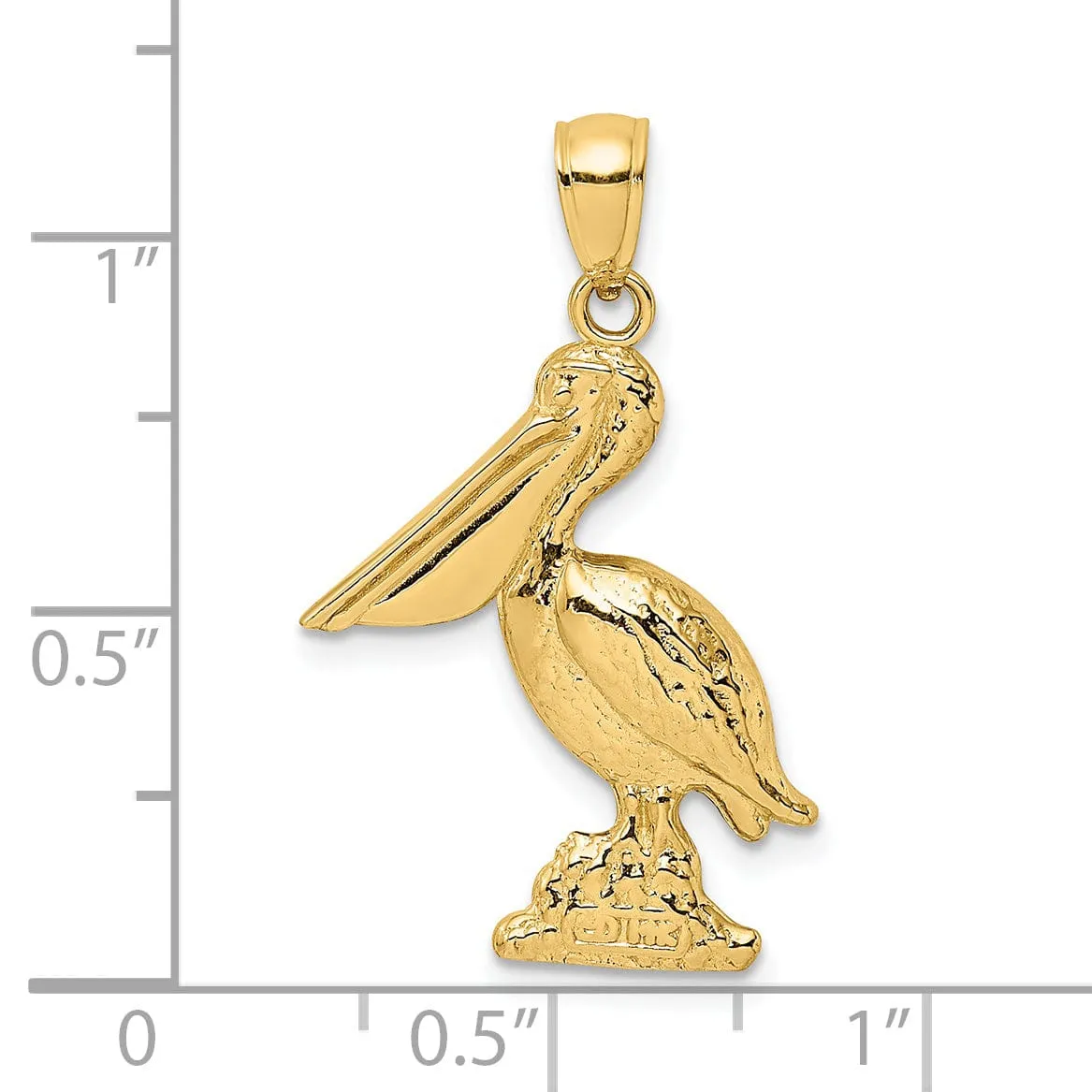 14K Yellow Gold Textured Polished Finish 3-Dimensional Pelican Standing on Piling Charm Pendant