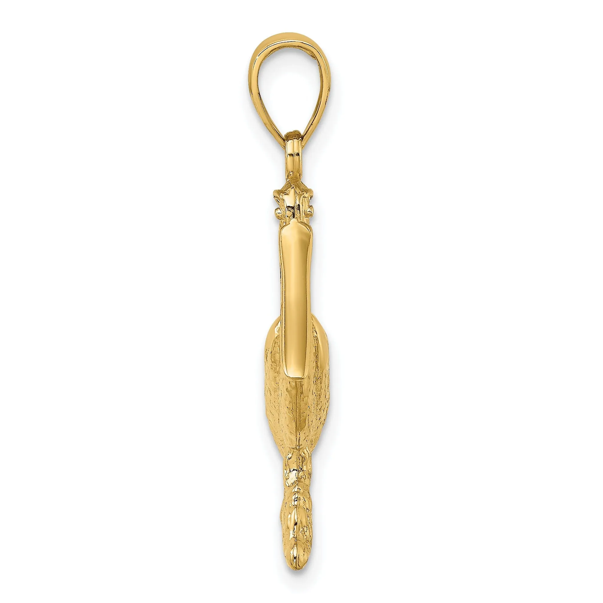 14K Yellow Gold Textured Polished Finish 3-Dimensional Pelican Standing on Piling Charm Pendant