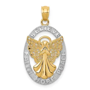 14K Yellow Gold White Rhodium BELIEVE PEACE FAITH HOPE Angel Pendant