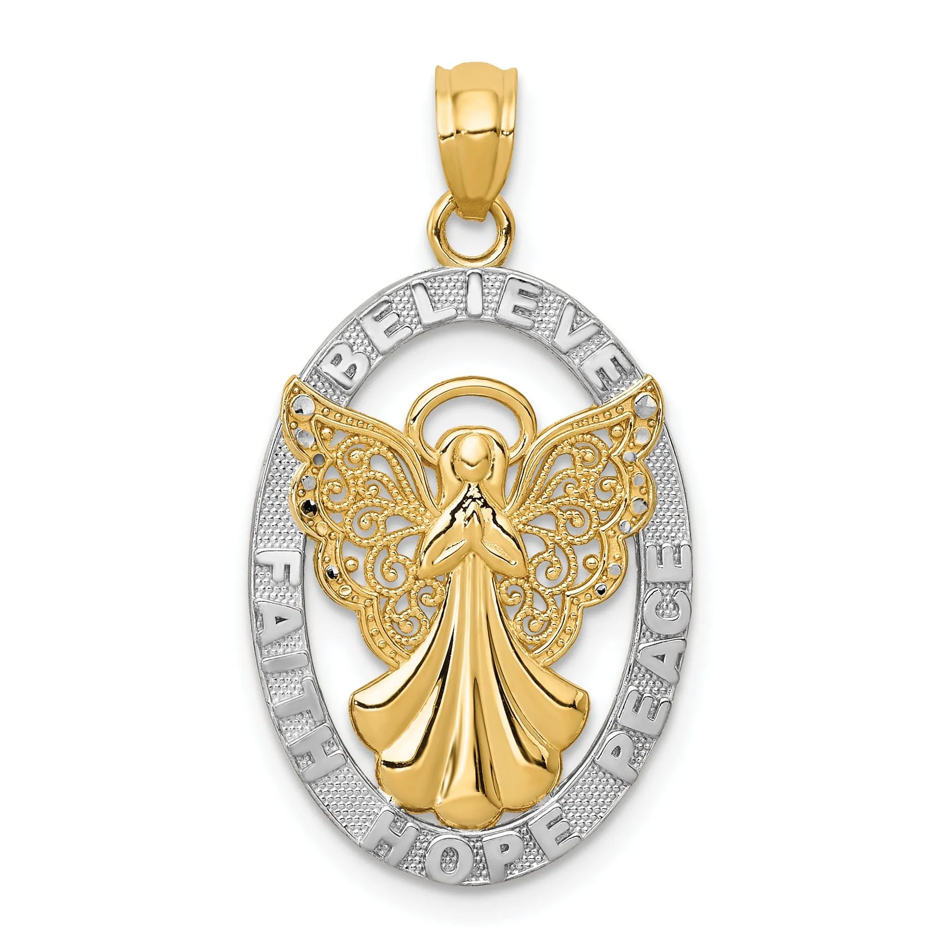 14K Yellow Gold White Rhodium BELIEVE PEACE FAITH HOPE Angel Pendant