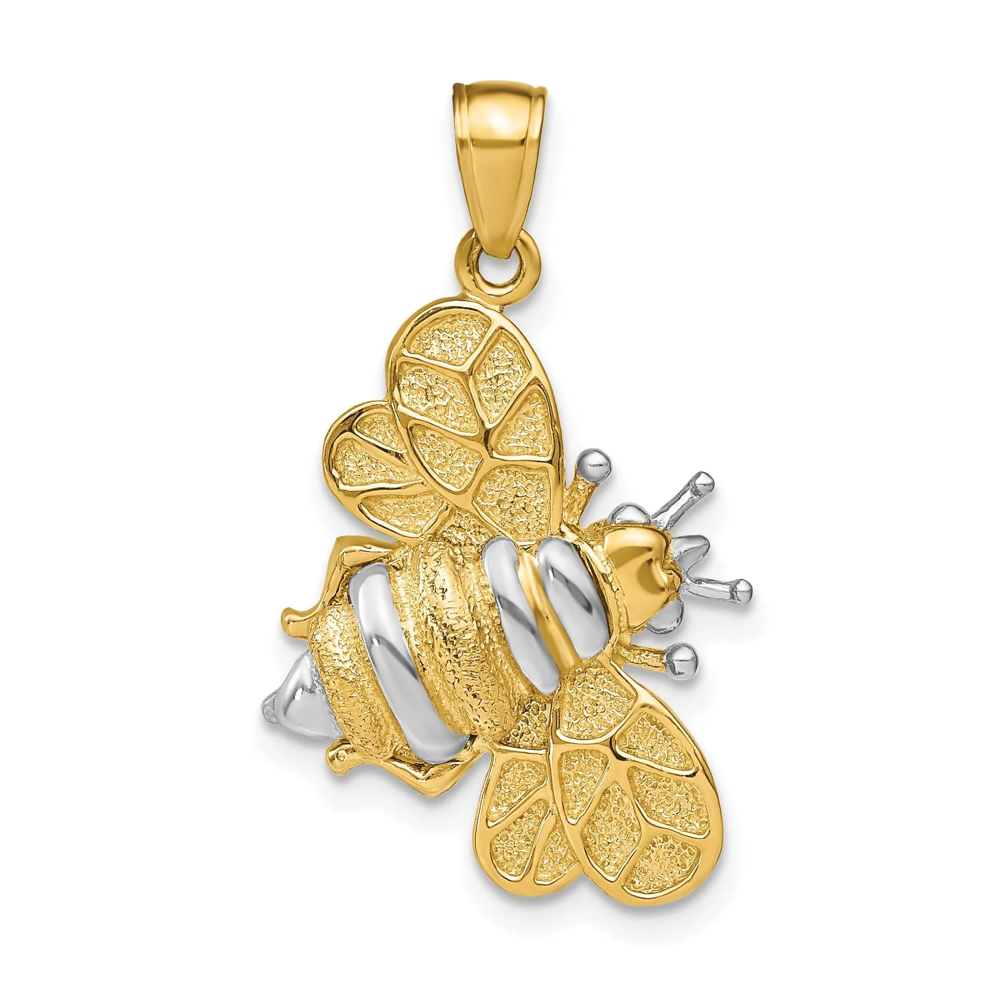 14k Yellow Gold White Rhodium Open Back Textured Polished Finish 3-Dimensional Bumblebee Design Charm Pendant