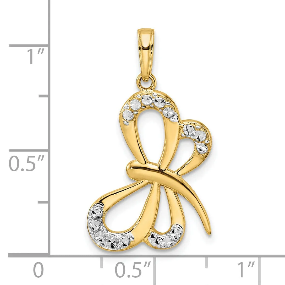 14k Yellow Gold White Rhodium  Solid Open Back Polished Diamond Cut Finish Dragonfly Design Charm Pendant