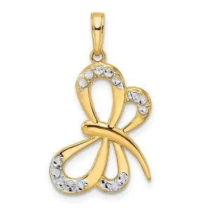 14k Yellow Gold White Rhodium  Solid Open Back Polished Diamond Cut Finish Dragonfly Design Charm Pendant