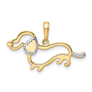 14k Yellow Gold White White Rhodium Open Back Solid Polished Diamond Cut Finish Dachshund Dog Design Charm Pendant