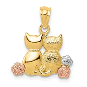 14k Yellow Rose Gold White Rhodium Textured Polished Finish Two Cats Sitting Charm Pendant