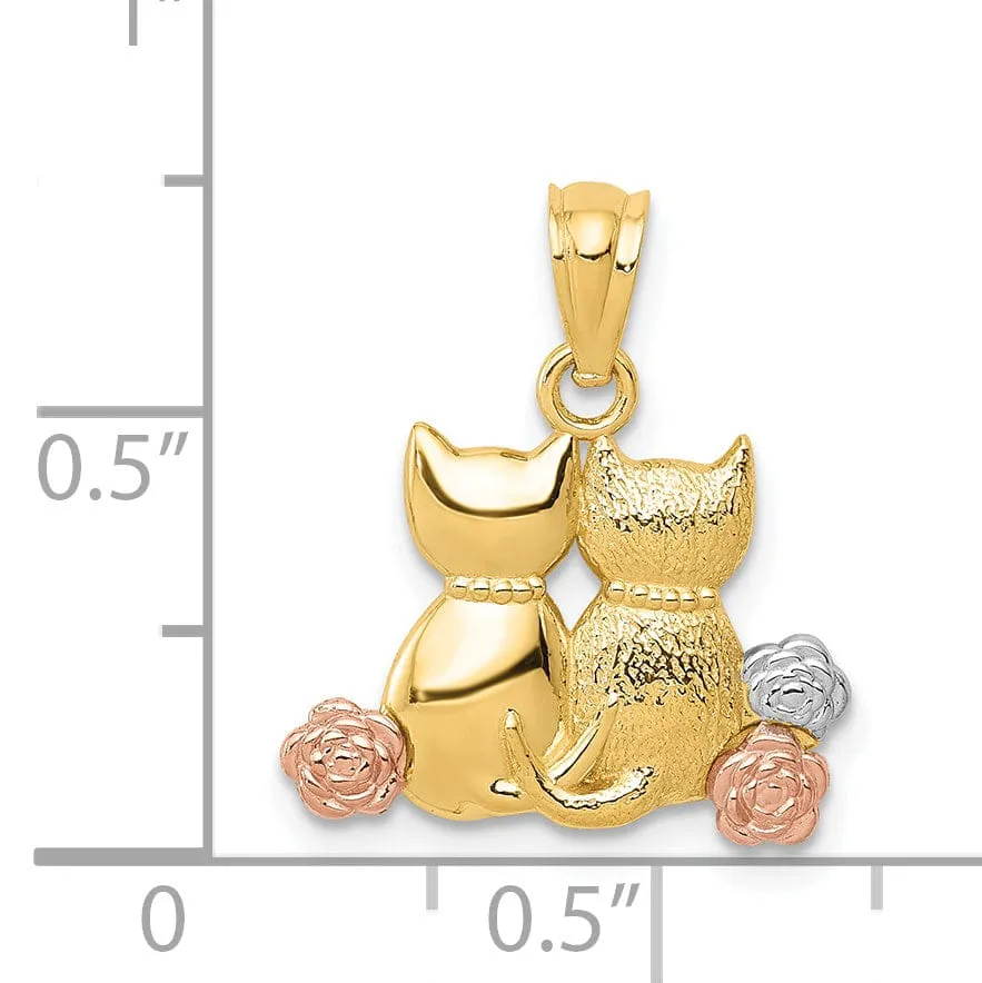 14k Yellow Rose Gold White Rhodium Textured Polished Finish Two Cats Sitting Charm Pendant