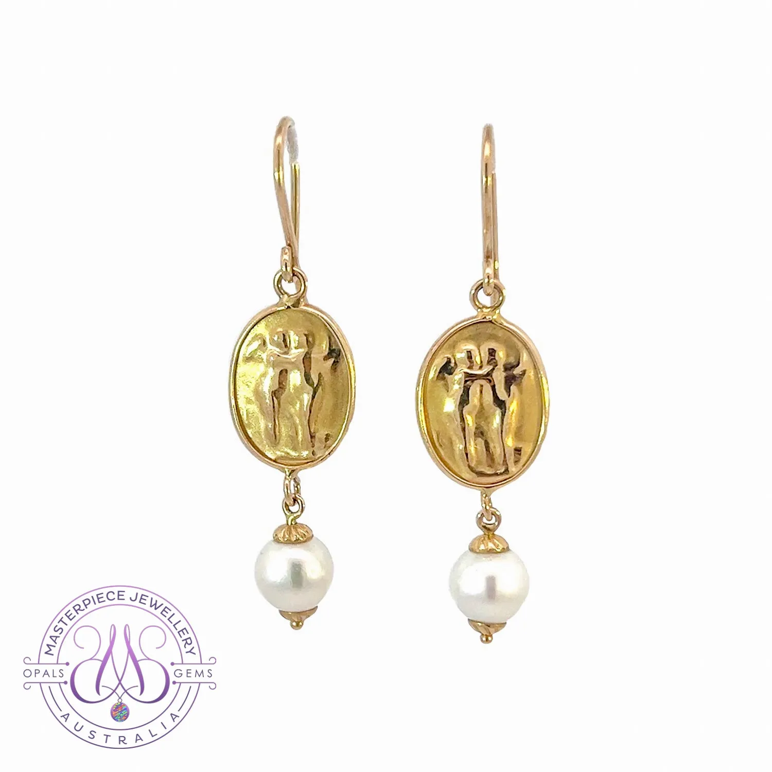 14kt Yellow Gold dangling vintage design Pearl earrings