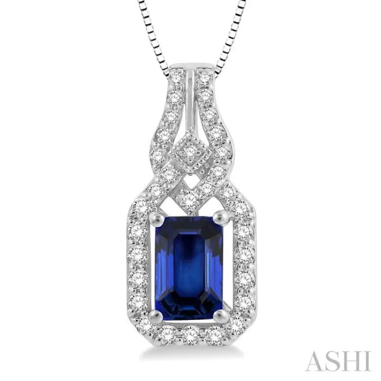 1/5 ctw Interlocking Round Cut Diamond & 6x4MM Emerald Cut Sapphire Precious Pendant With Chain in 14K White Gold